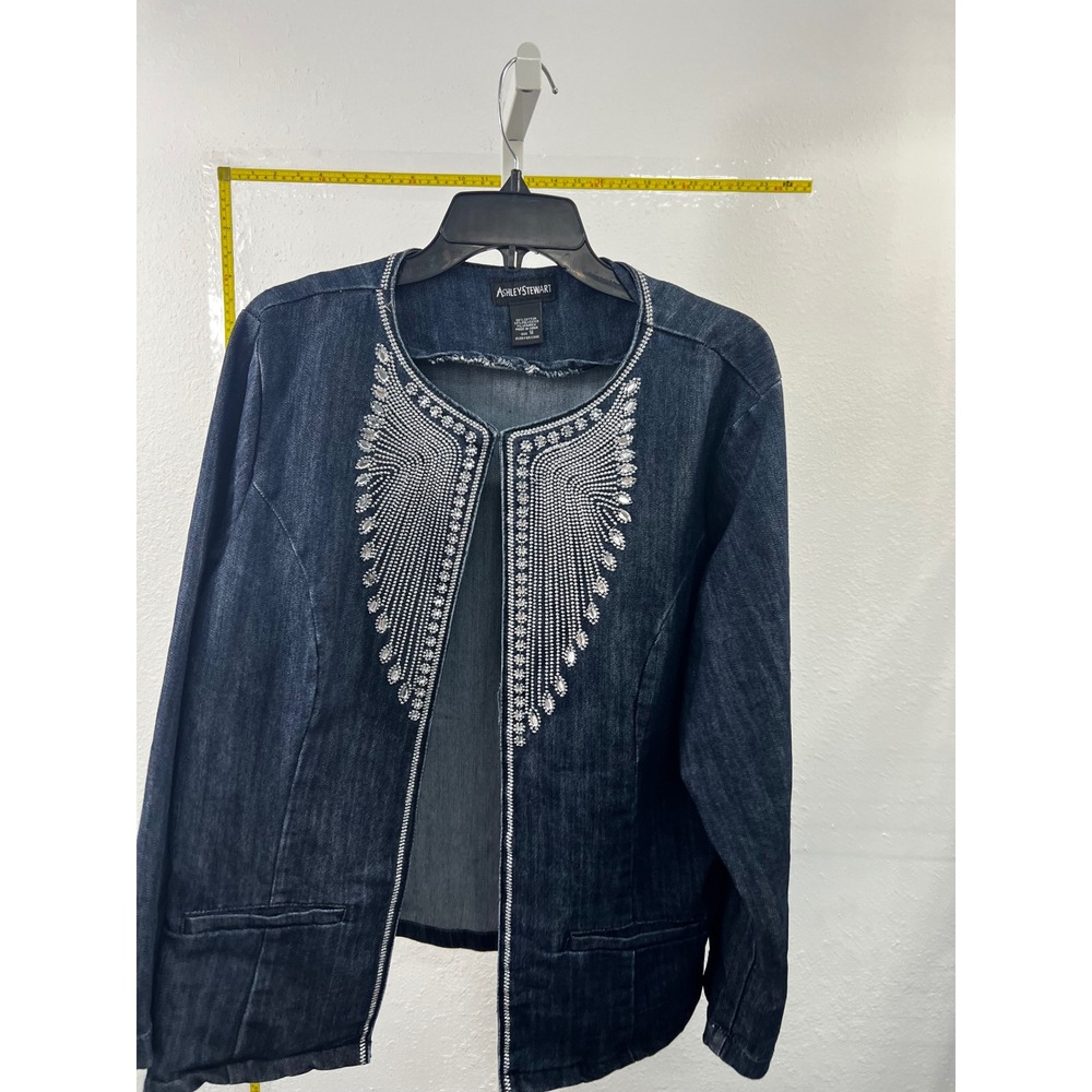 Ashley Stewart Denim Jacket Size 14 Rhinestone Studded Open Front Dark Wash Blue
